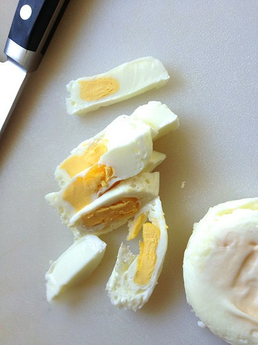 Cutting egg for 1 Minute Egg Salad.