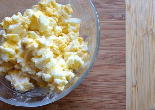1 Minute Egg Salad in glass bowl.