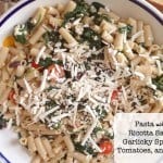 Pasta with Ricotta Salata, Spinach, Tomatoes, and Olives.