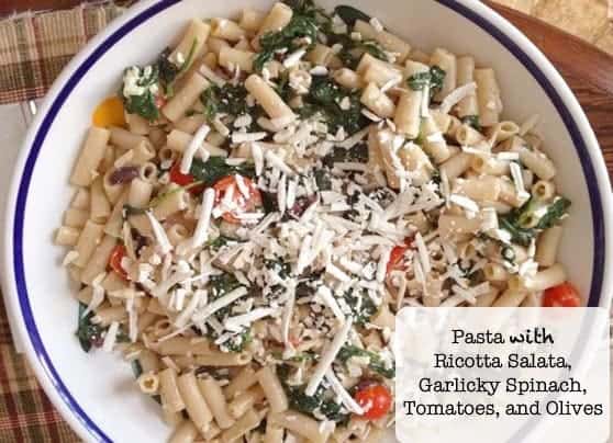 Pasta with Ricotta Salata, Spinach, Tomatoes, and Olives.