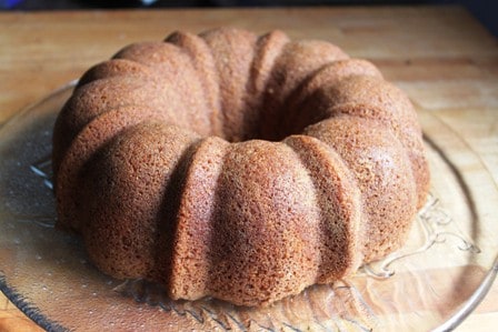 Gluten-Free Brown Sugar Bundt Cake on glass platter.