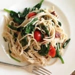 Gluten-free BLT pasta on a white plate.