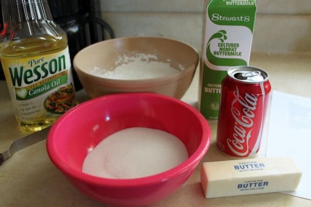 Ingredients for gluten-free cola cake.