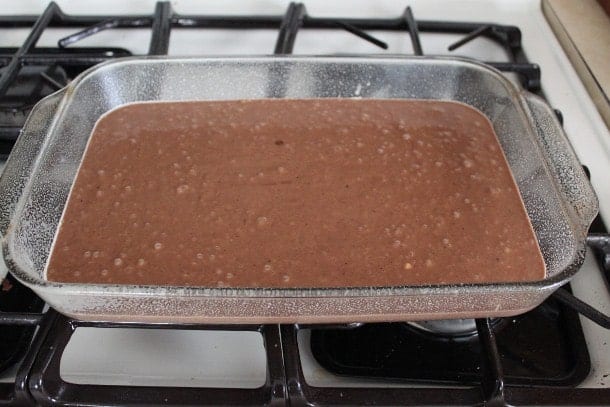 Batter for gluten-free cola cake in pan.