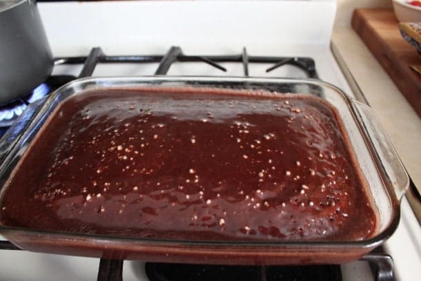 Baked gluten-free cola cake in pan.