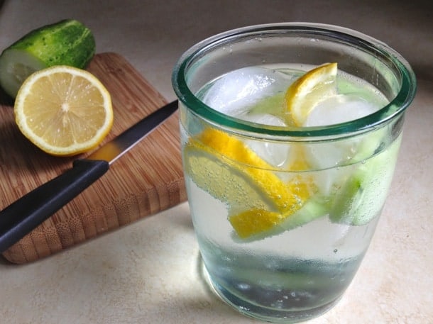 Glass of lemon cucumber water.