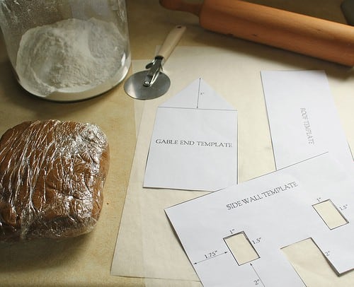 Template and dough for gluten-free gingerbread house.