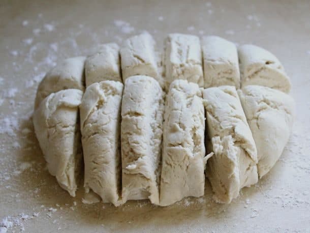 Gluten-Free Soft Pretzel dough cut into 12 pieces.