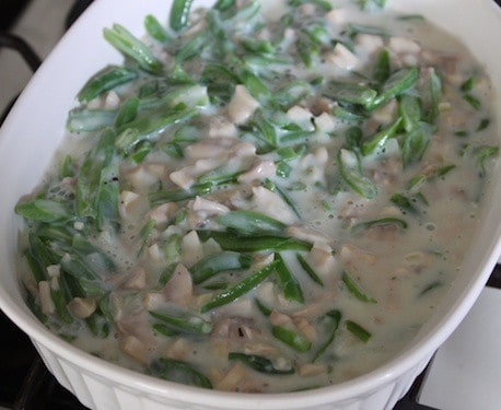 Green bean casserole in white dish.