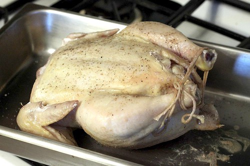 Chicken, breast side up, in roasting pan.