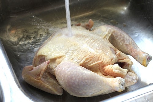 Rinsing chicken under running water.