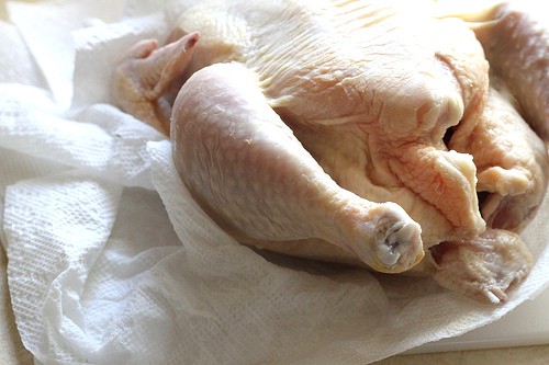 Drying raw chicken with paper towels.