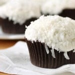 Gluten-free chocolate cupcake with vanilla frosting and shredded coconut.