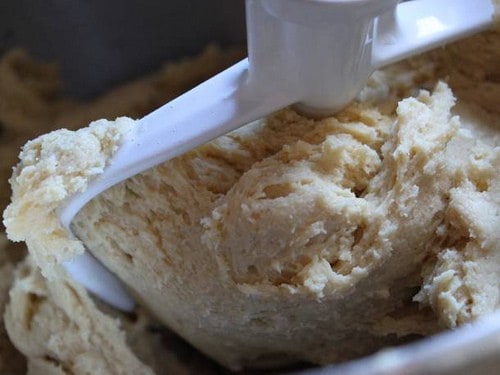 Gluten-free panettone dough on stand mixer attachment.