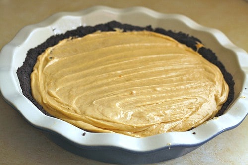 Gluten-free peanut butter pie with chocolate crumb crust.