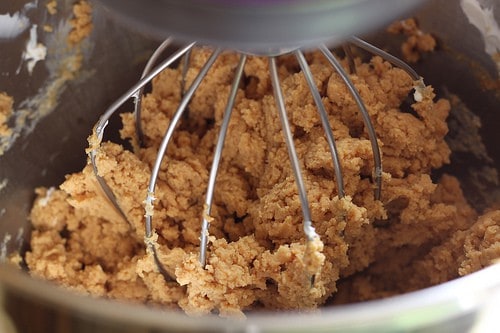 Peanut butter pie filling in bowl of stand mixer.