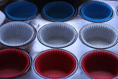 Red, White, and Blue Cupcake liners in pan.