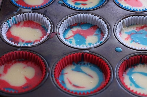 Red, White, and Blue Cupcakes batter in pan.