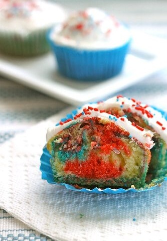 Red, White, and Blue gluten-free cupcakes, split in half.