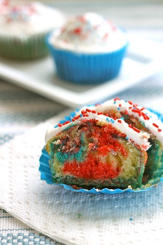 Red, White, and Blue gluten-free cupcakes, split in half.