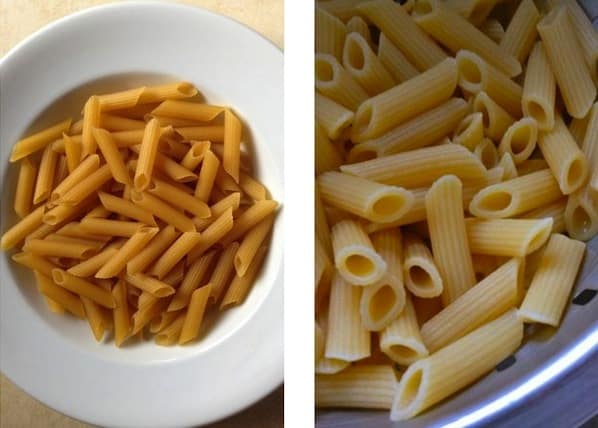 Uncooked gluten-free pasta in white bowl. (left) Cooked gluten-free pasta in colander. (right)