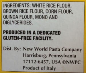 Ronzoni gluten-free pasta ingredients.