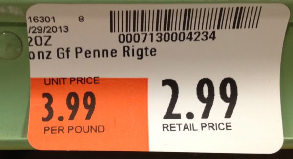 Ronzoni Gluten-Free Pasta $2.99 price sticker on shelf.