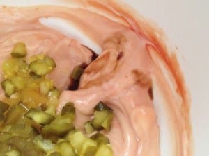 Chopped dill pickles in special burger sauce.