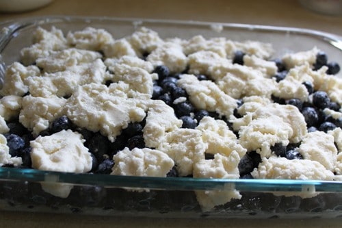 Gluten-Free Blueberry Cobbler in a baking dish before baking.