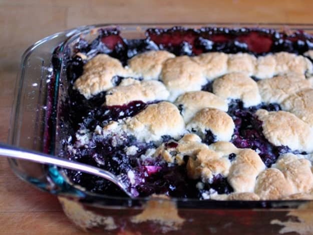 Gluten-Free Blueberry Cobbler in glass pan.