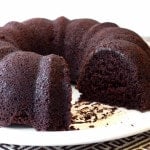 Easy Gluten-Free Chocolate Bundt Cake on white platter.