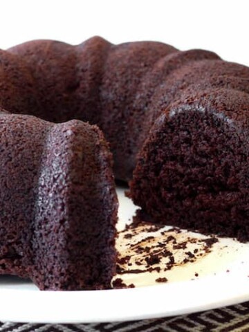 Easy Gluten-Free Chocolate Bundt Cake on white platter.