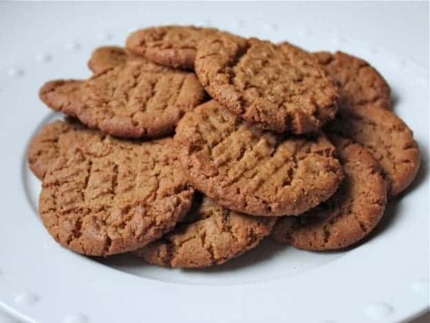 Gluten-Free Flourless Peanut Butter Cookies on a white platter.