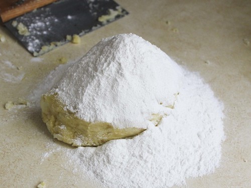 Gluten-free gnocchi dough on the counter covered with white rice flour.