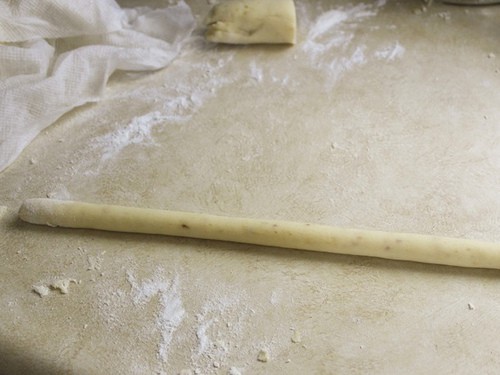 Gluten-free gnocchi dough rolled into a log.