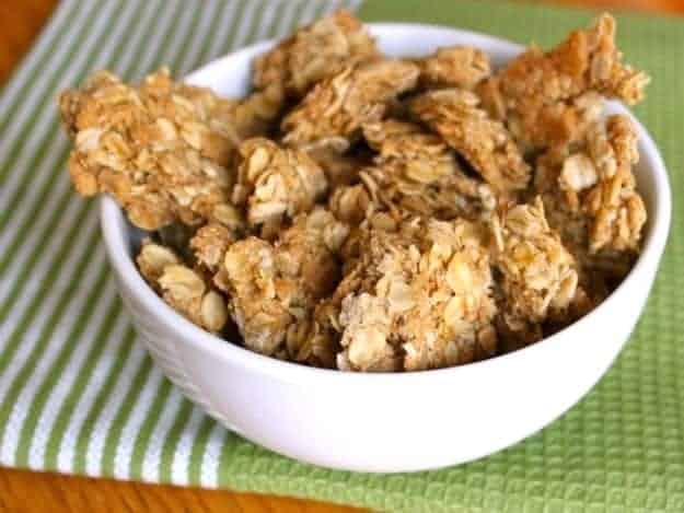 Crunchy gluten-free granola clusters in a bowl.