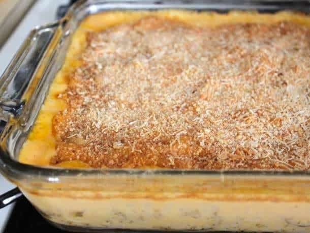 Gluten-Free Macaroni and Cheese in pan topped with breadcrumbs and parmesan cheese. 