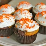 Gluten-Free Chocolate Marble Pumpkin Cupcakes on a plate.