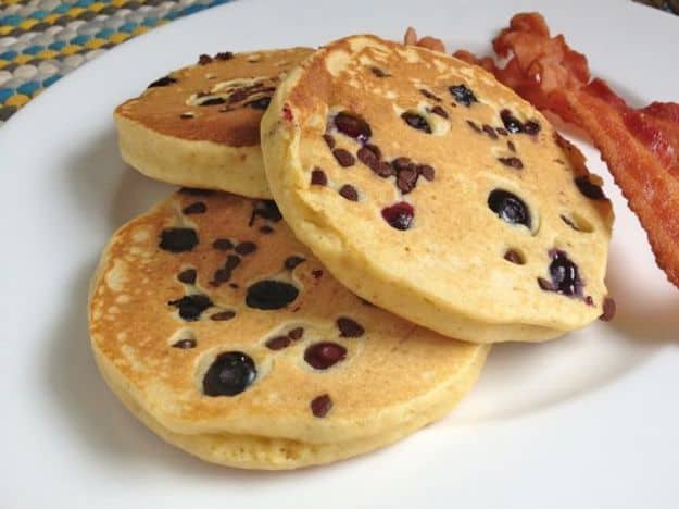 Gluten-Free Whole Grain Pancakes with Chocolate Chips and Blueberries | GlutenFreeBaking.com