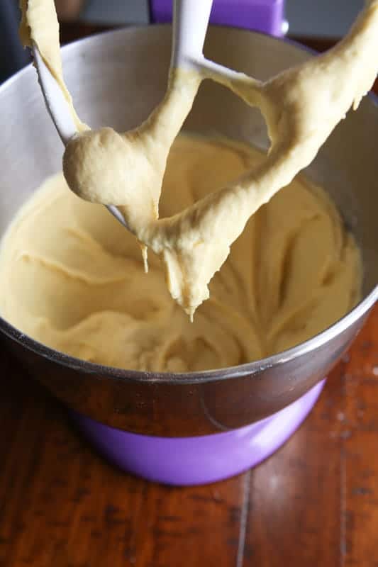 Gluten-free sandwich bread dough on mixer attachment.