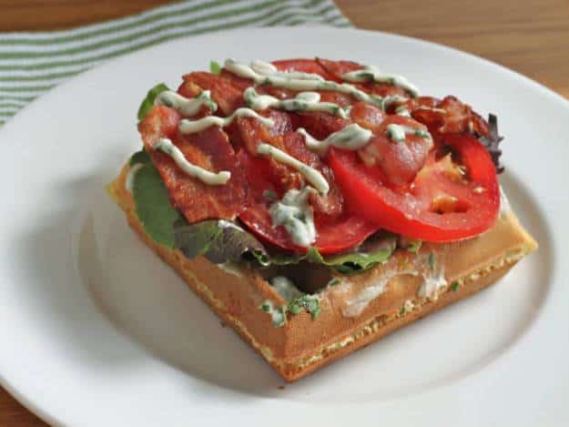 Gluten-Free Waffle BLT on a white plate. 