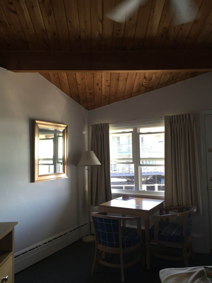 Wood ceiling in hotel room.