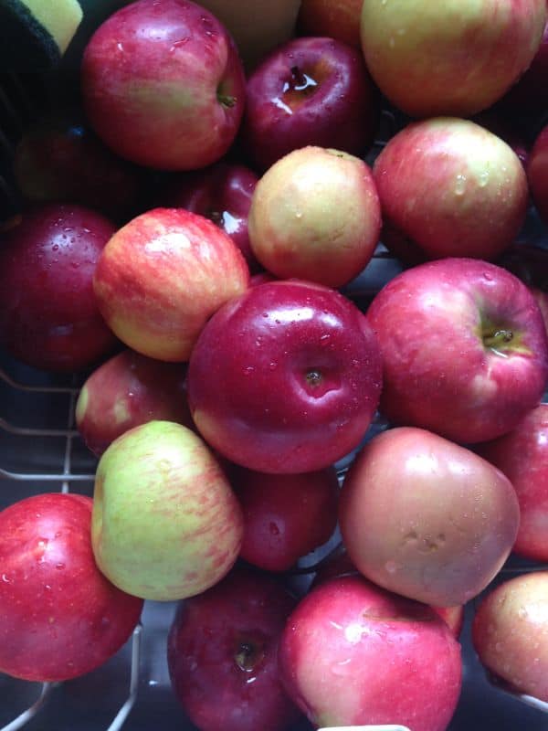 Red apples in the sink. 