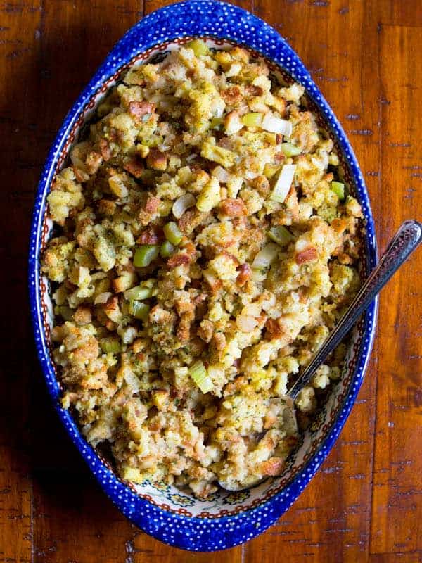 Gluten-free stuffing in a blue dish.