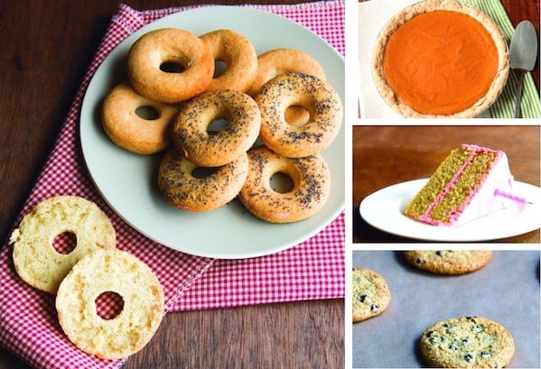 Paleo bagels, pumpkin pie, birthday cake slice, and chocolate chip cookies.