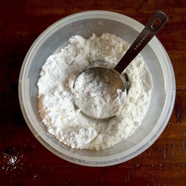 Homemade gluten-free bisquick mix in a bowl.