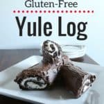 Gluten-free yule log on a white platter.