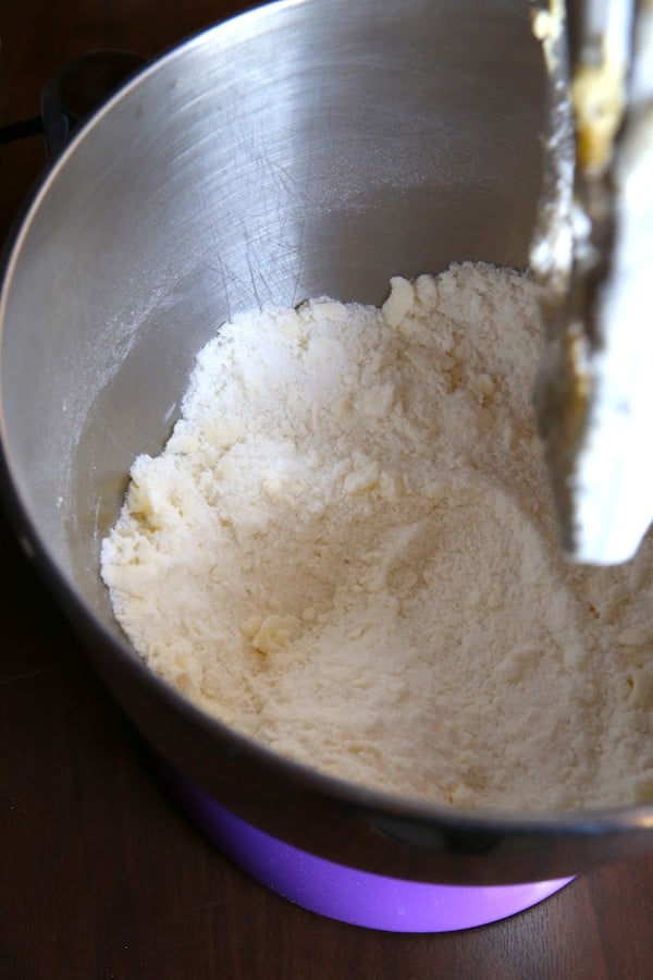 Gluten-free peppermint bark dough in a mixer.