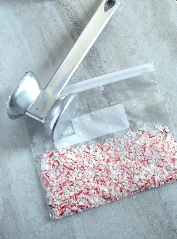 Crushed candy canes in small plastic bag.