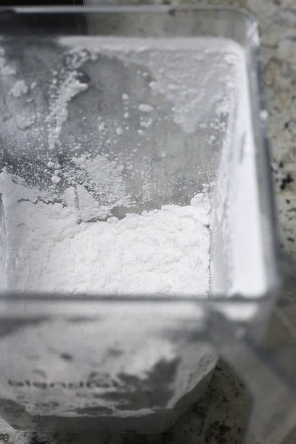 Corn-free powdered sugar in blender with lid off.